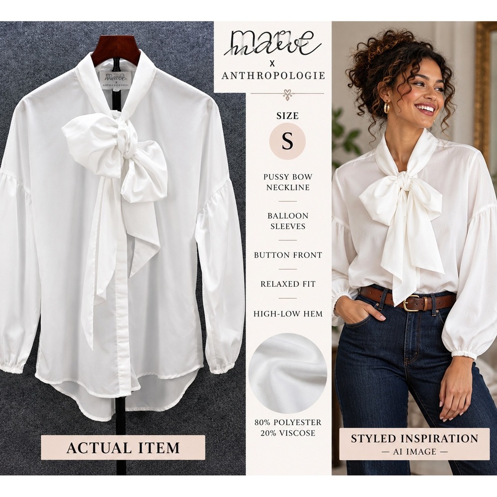 Maeve Anthropologie Tie Neck Blouse Womens Balloon Sleeve White S Excellent Bow